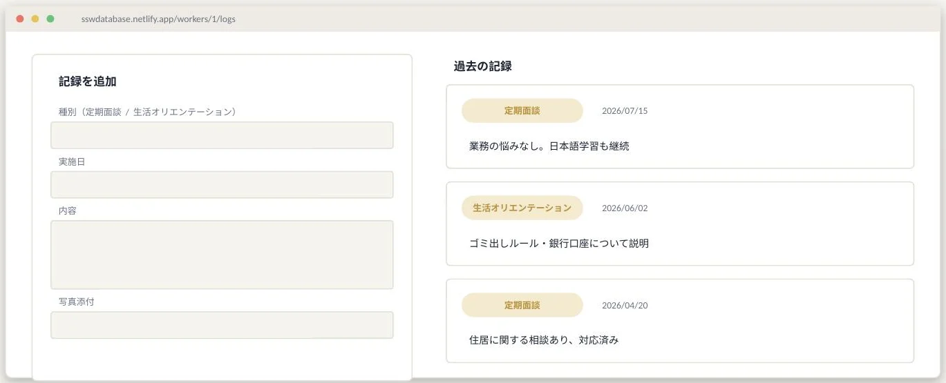 支援・面談記録画面